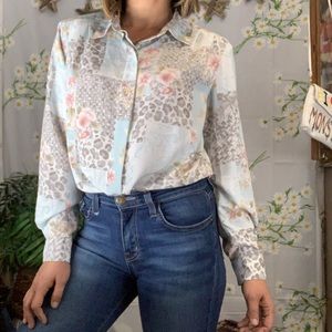 Vintage 80s pastel collage pattern floral blouse L
